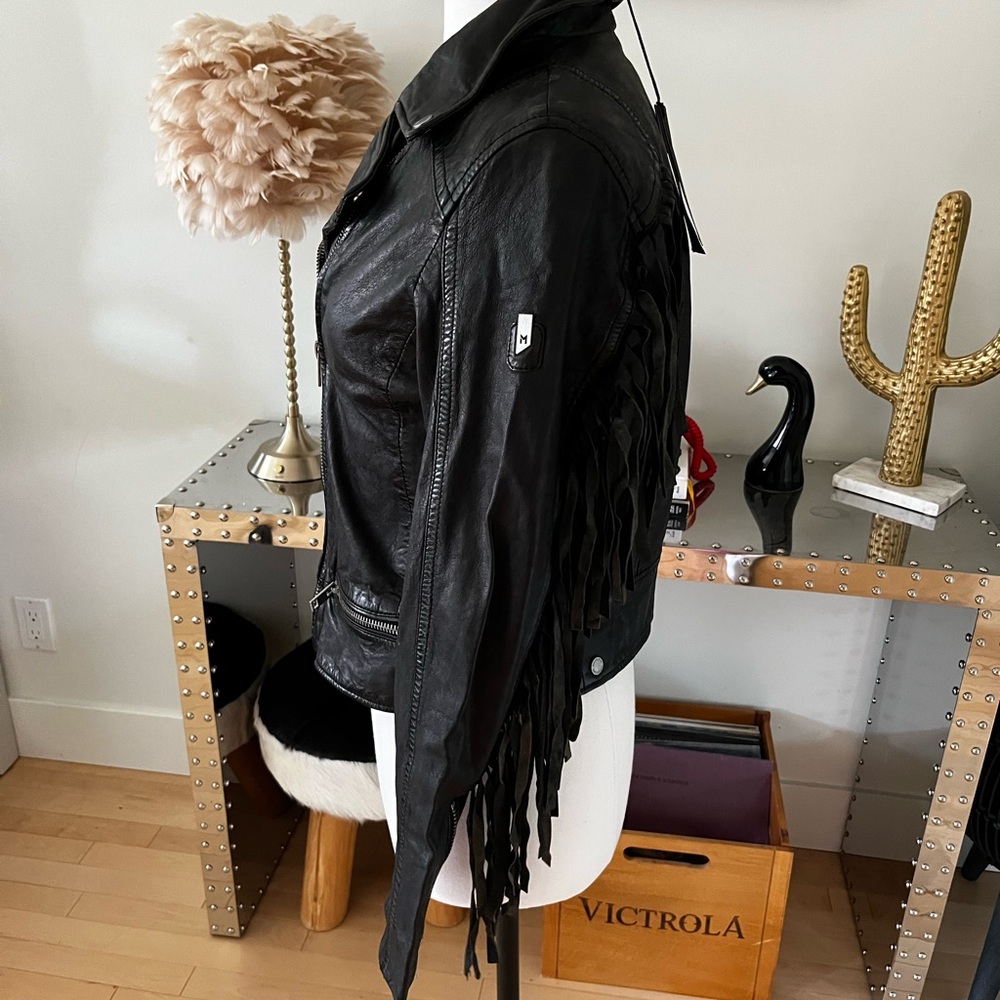 Mauritius (purchased online from Free People) Black Leather Zoey Fringe Jacket - Picture 5 of 14